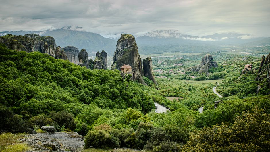 Roussanou Monastery Greece garden view rocks