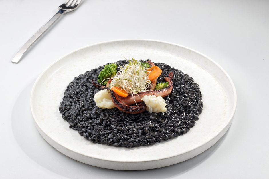Montenegrin black risotto cuttlefish ink restaurant plate