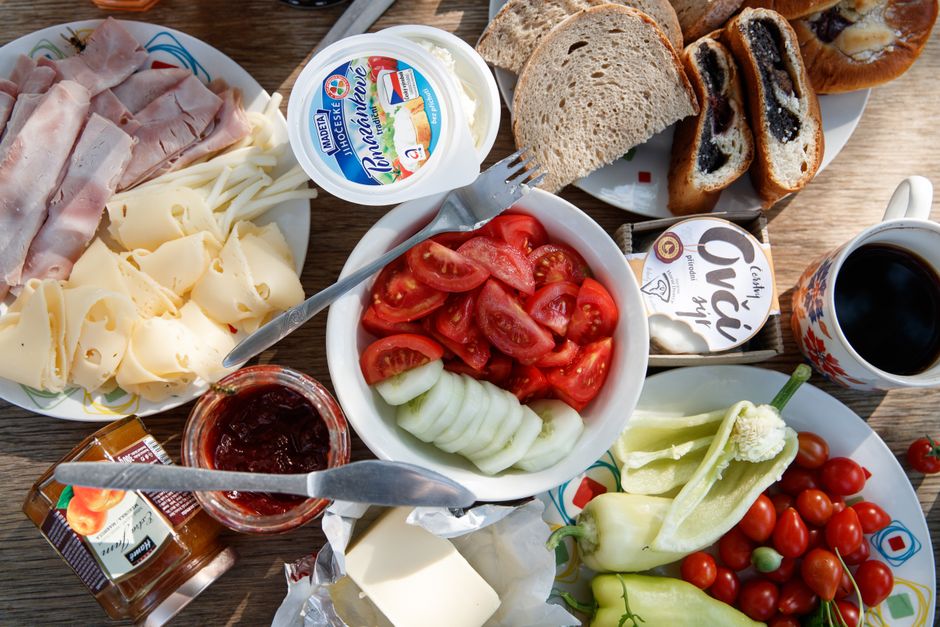 Istrian Pršut ham plate cheese bread rustic table
