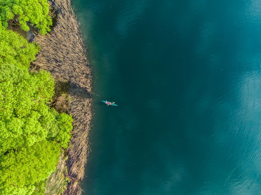 Kiten Lake kayaks shallow water reeds pelicans flying overhead